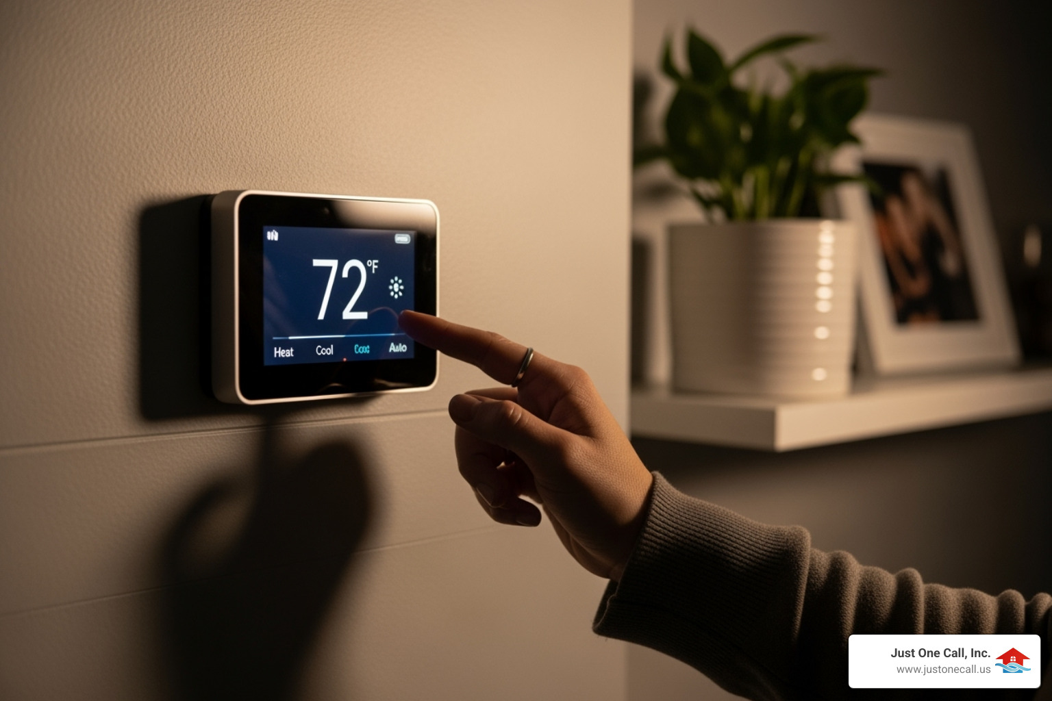 A homeowner adjusting the settings on a modern smart thermostat mounted on a wall. - furnace troubleshooting glendale