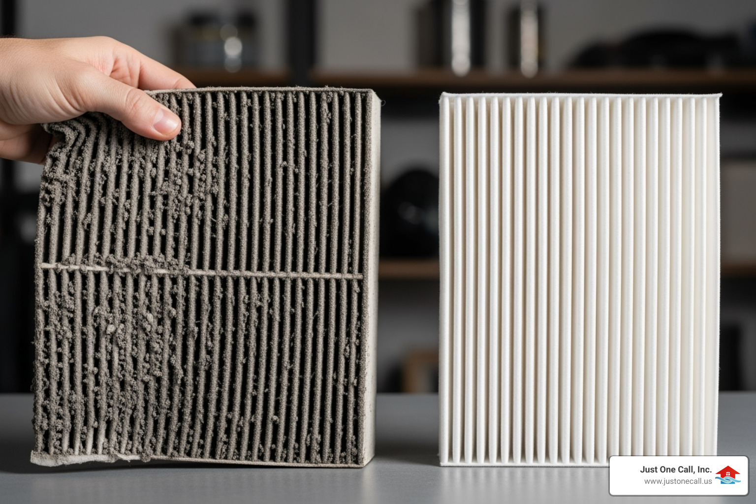 A hand holding a heavily clogged, dirty air filter next to a brand new, clean air filter, illustrating the stark difference. - furnace troubleshooting glendale