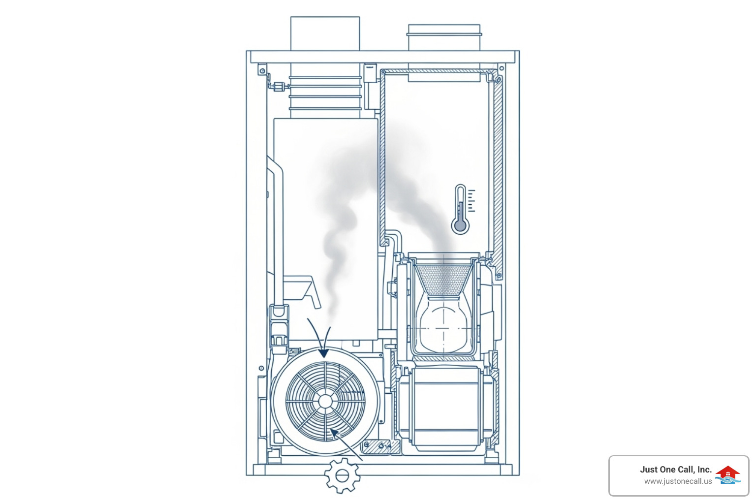 A furnace diagram highlighting areas for common warning signs like strange noises (gears), unusual smells (smoke/gas), and inconsistent heating (thermometer). - furnace troubleshooting glendale