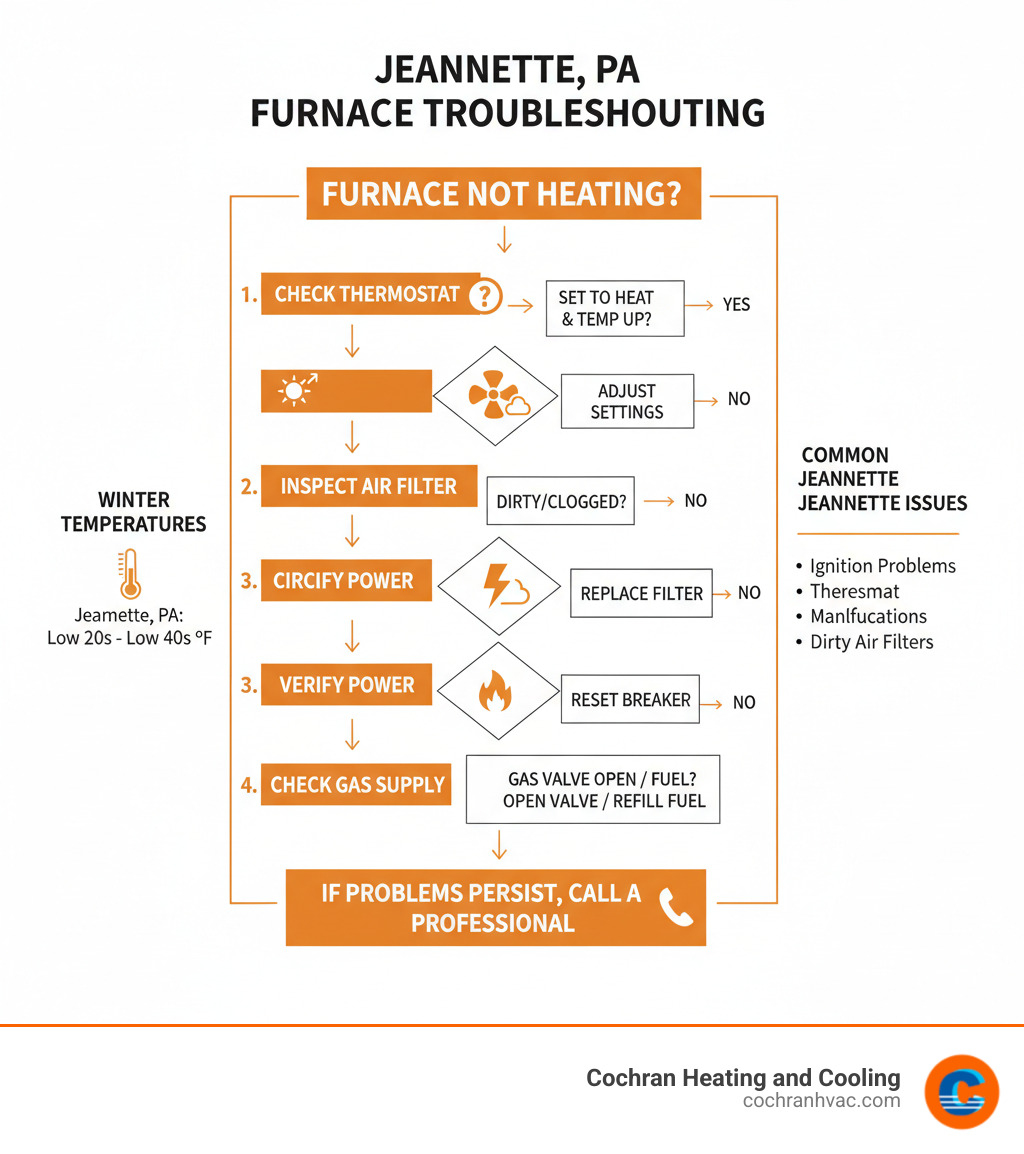 Infographic showing a step-by-step furnace troubleshooting flowchart for Jeannette PA homeowners, including thermostat check, filter inspection, power verification, gas supply check, and when to call a professional, with winter temperature ranges and common furnace problems specific to the region - furnace troubleshooting jeannette pa infographic 