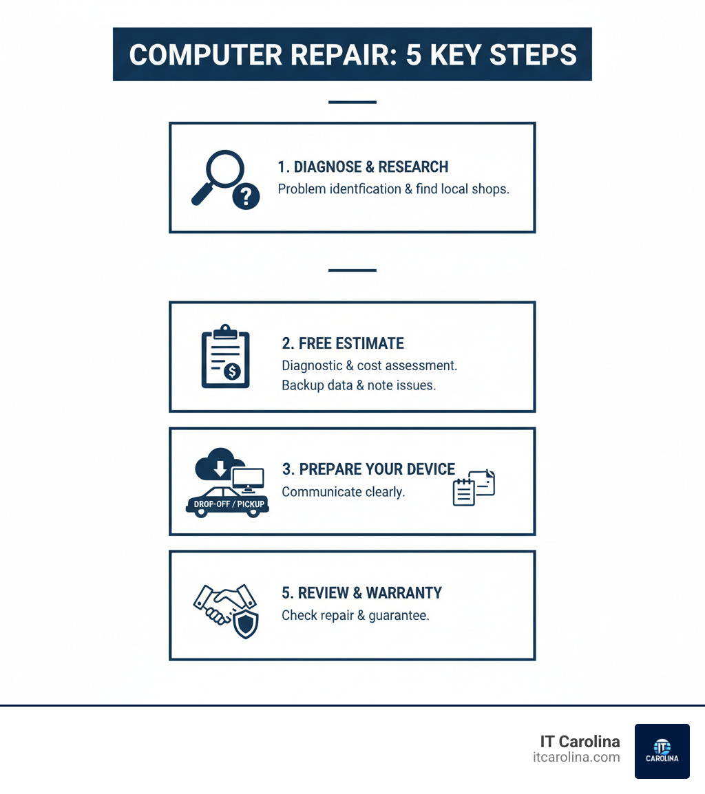 Infographic showing the 5 key steps to computer repair: 1) Diagnose the problem and research local repair shops, 2) Get free diagnostic and cost estimate, 3) Prepare your computer by backing up data and noting symptoms, 4) Drop off or schedule pickup with clear communication about the issue, 5) Review completed work and warranty before taking your computer home - computer repair near me infographic 