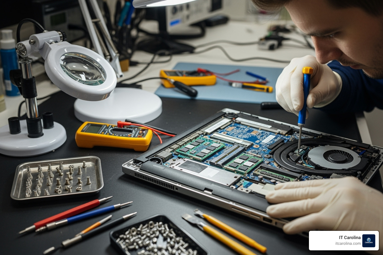 technician working on inside of laptop - computer repair near me