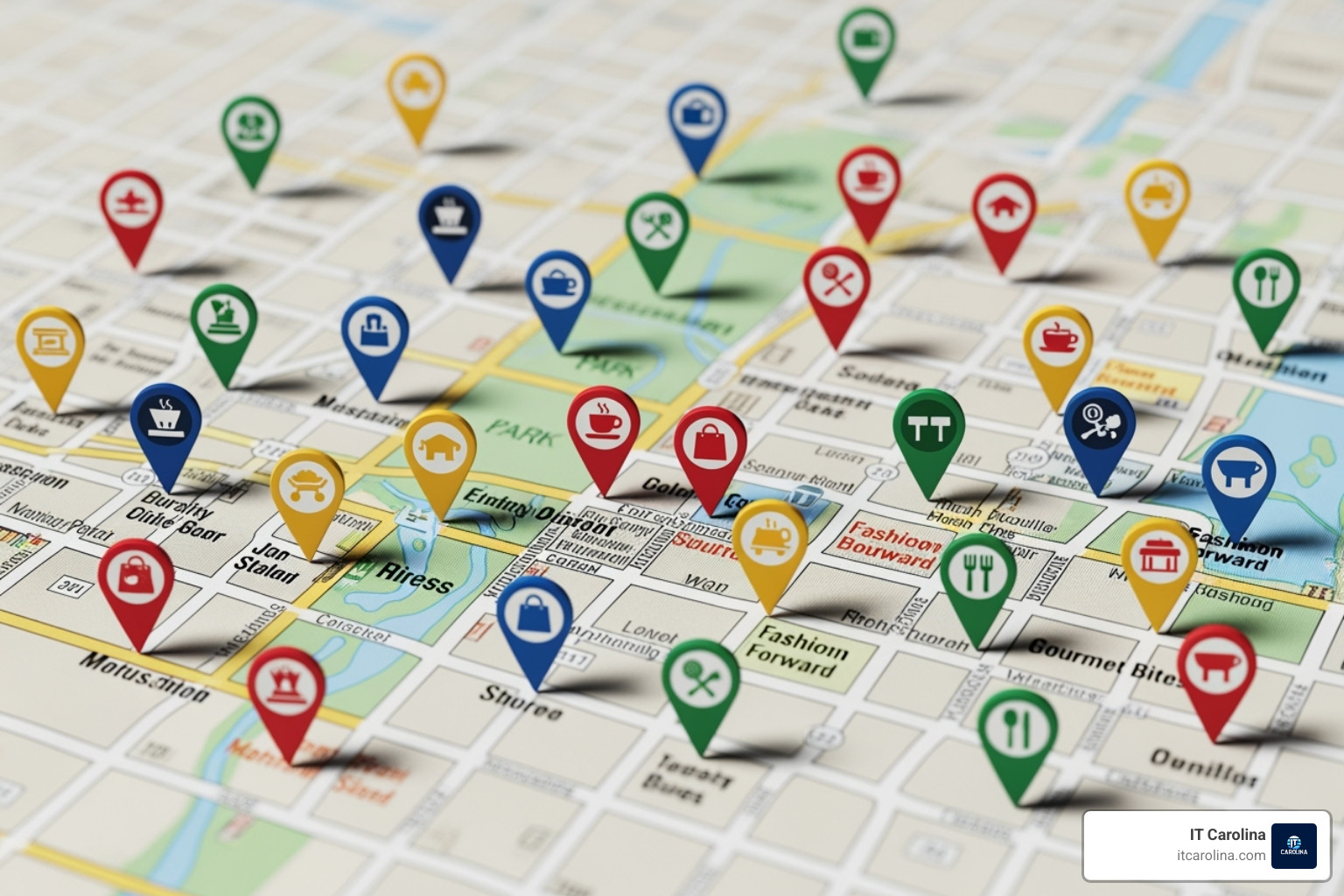 map with pins showing local businesses - computer repair near me