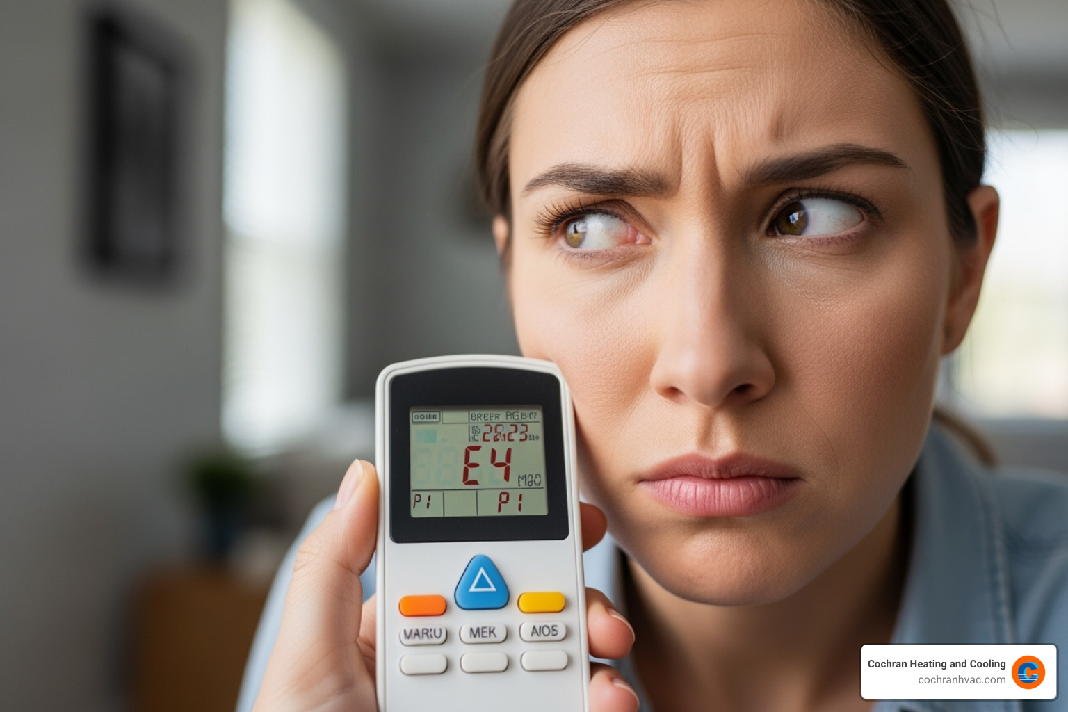 A person looking quizzically at a ductless AC remote control showing an error code - ductless ac repair jeannette pa