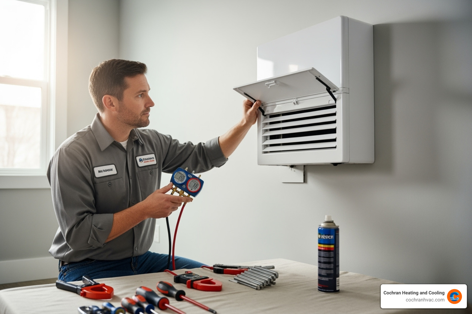 A professional technician inspecting an indoor ductless air handler - ductless ac repair jeannette pa