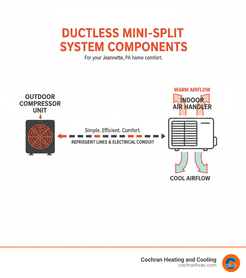Infographic showing ductless mini-split system components: outdoor compressor unit connected to indoor air handler via refrigerant lines and electrical conduit, with labels for each component and airflow patterns - ductless ac repair jeannette pa infographic 