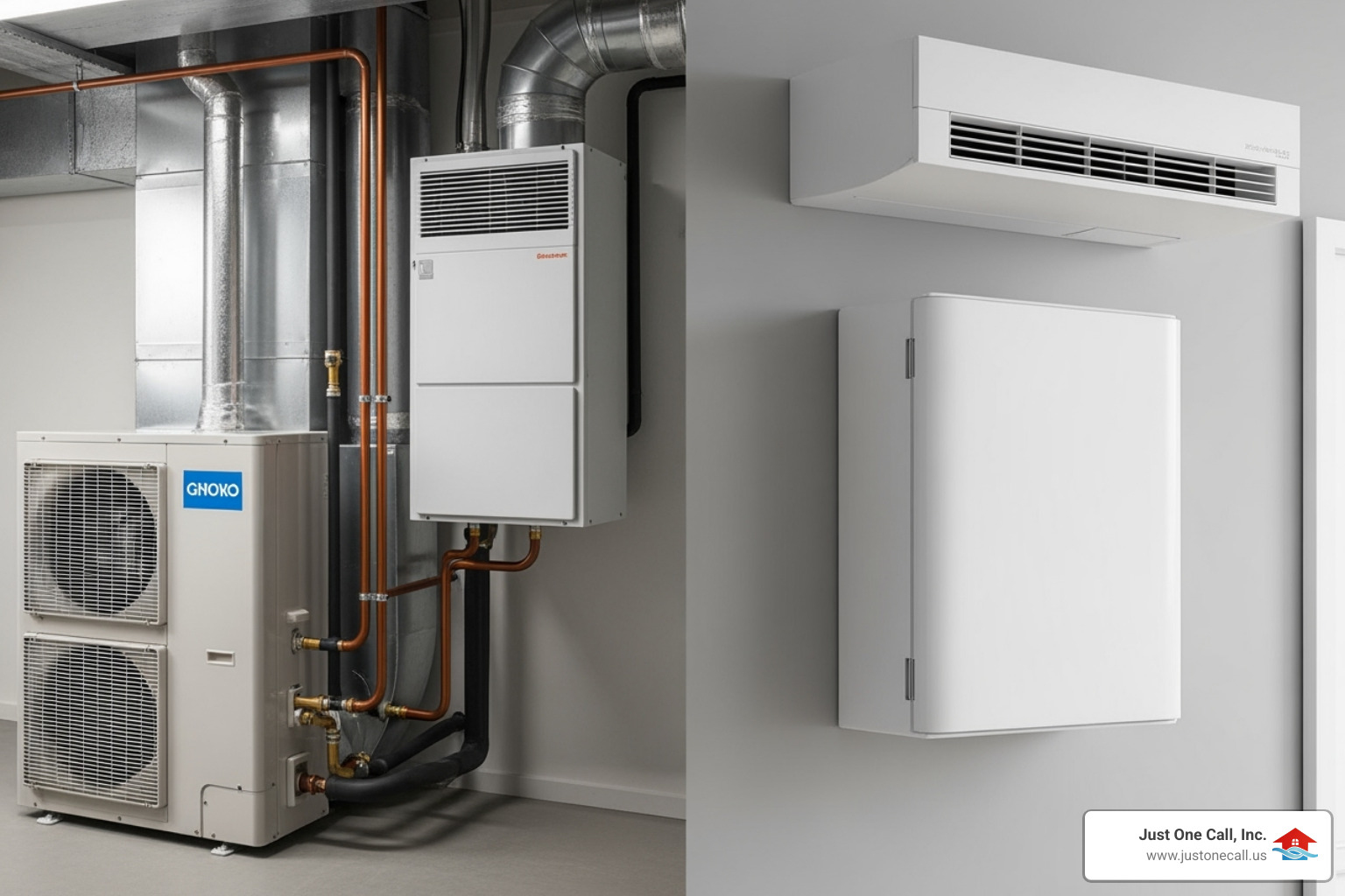 Ducted central air heat pump system on left, ductless mini-split unit on wall on right, demonstrating different heat pump types - heat pump installation los angeles