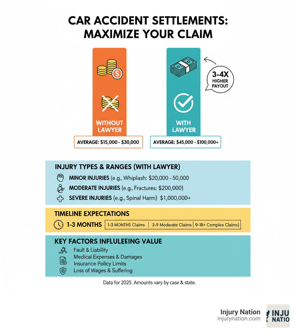 Infographic showing car accident settlement amounts with lawyer versus without lawyer, including average settlement ranges for different injury types, timeline expectations, and key factors that influence settlement value - lawyer settlement for car accident infographic 