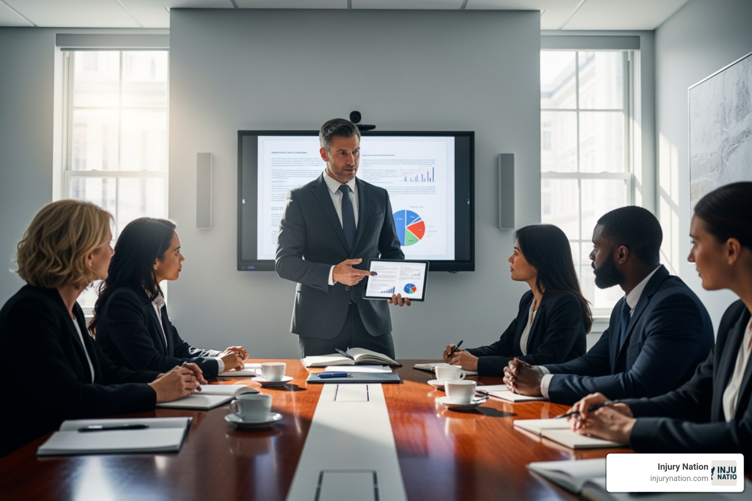 Lawyer presenting evidence in a meeting - lawyer settlement for car accident