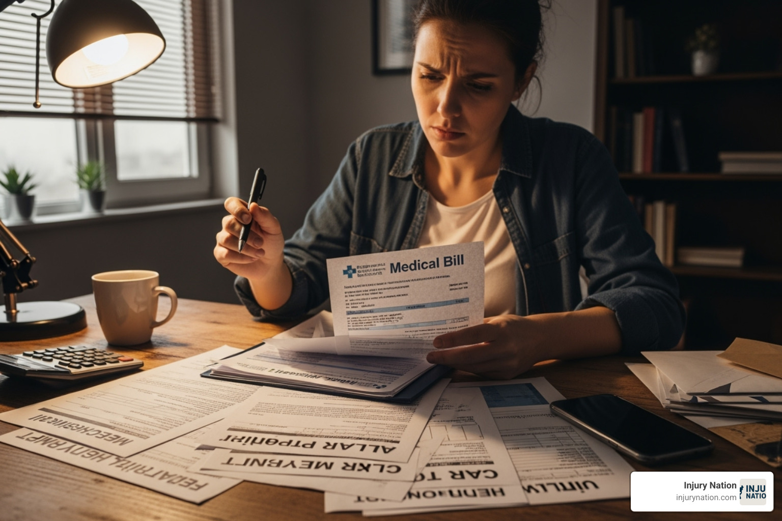 Person reviewing medical bills and car repair estimates - lawyer settlement for car accident