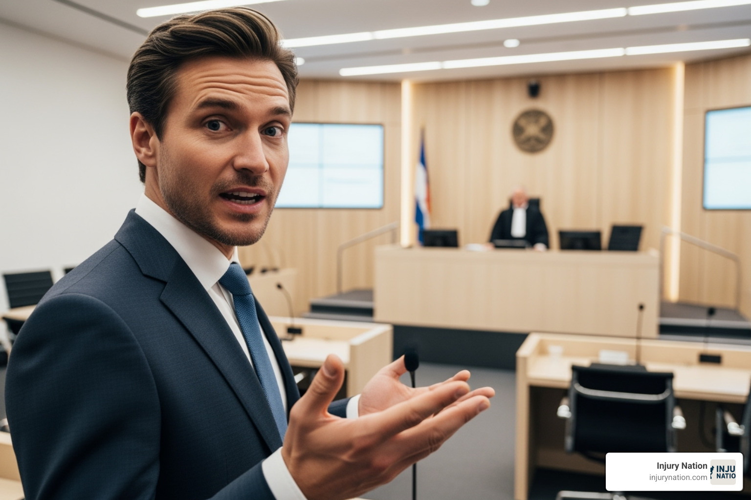 Image of a lawyer confidently speaking in a courtroom setting. - premises liability lawyer