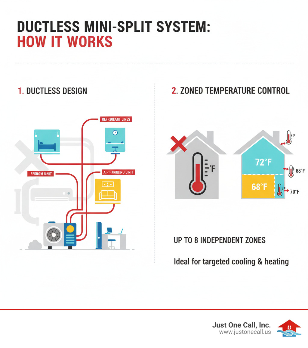 Infographic explaining how a ductless mini split system works with outdoor compressor unit connected to indoor air handling units via refrigerant lines, highlighting the ductless design and zoned temperature control capabilities - mini split repair los angeles infographic 
