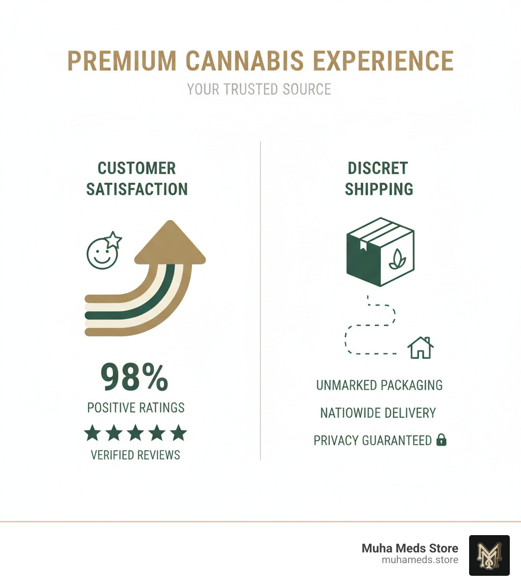 Infographic showing customer satisfaction ratings and discreet shipping benefits - buy Packwood Pre-Roll – Italian Cherryz online infographic 