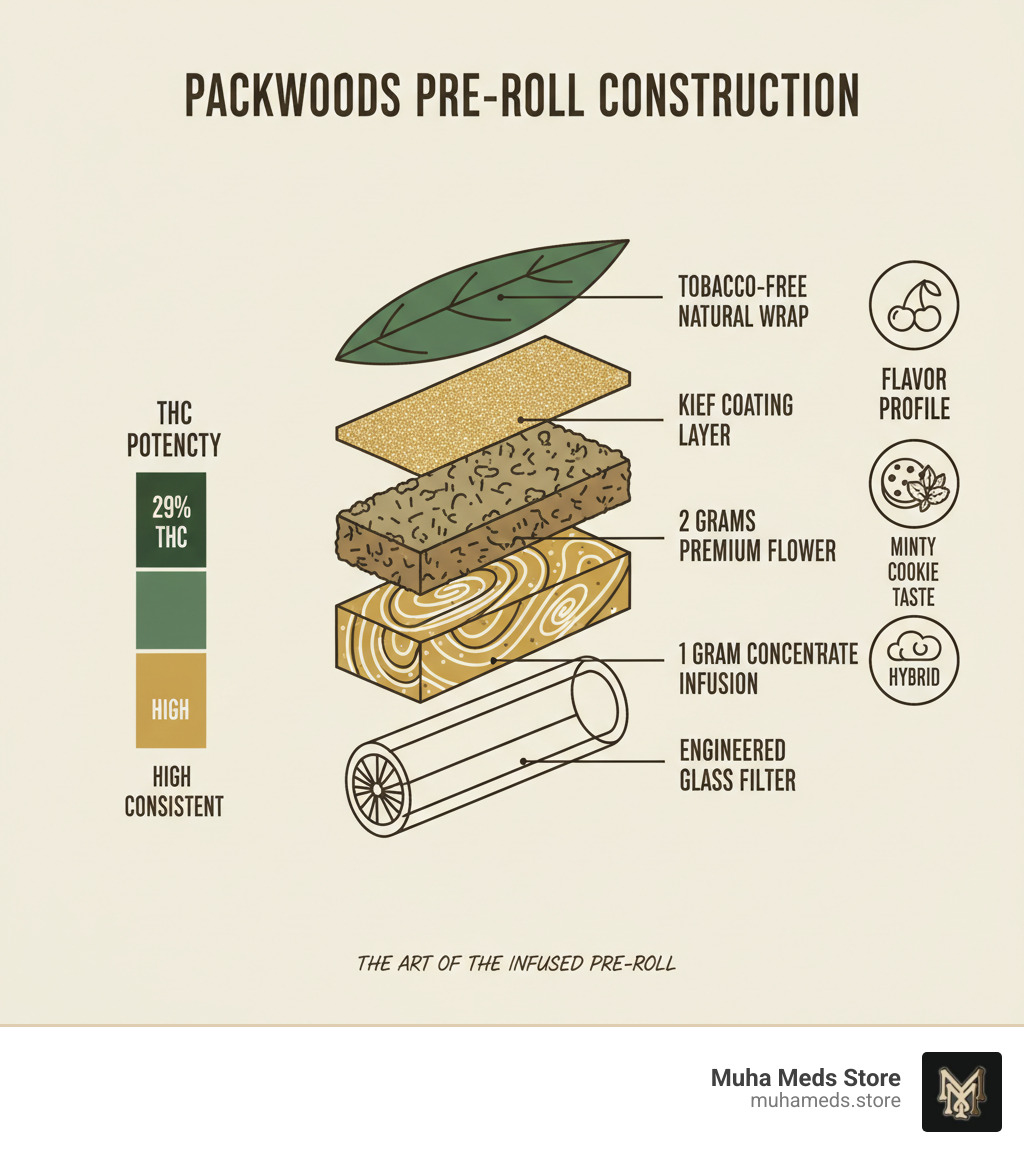 Detailed breakdown of Packwood pre-roll construction showing 2 grams premium flower, 1 gram concentrate infusion, kief coating layer, tobacco-free natural wrap, and engineered glass filter with THC potency levels and flavor profile indicators - buy Packwood Pre-Roll – Italian Cherryz online infographic 