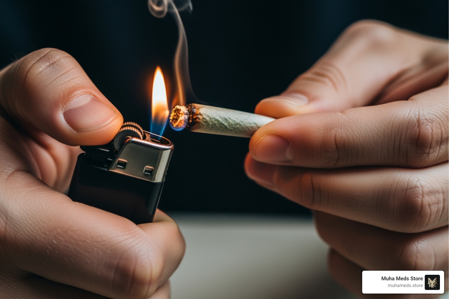 Person correctly lighting a Packwood pre-roll to ensure an even burn - buy Packwood Pre-Roll – Italian Cherryz online