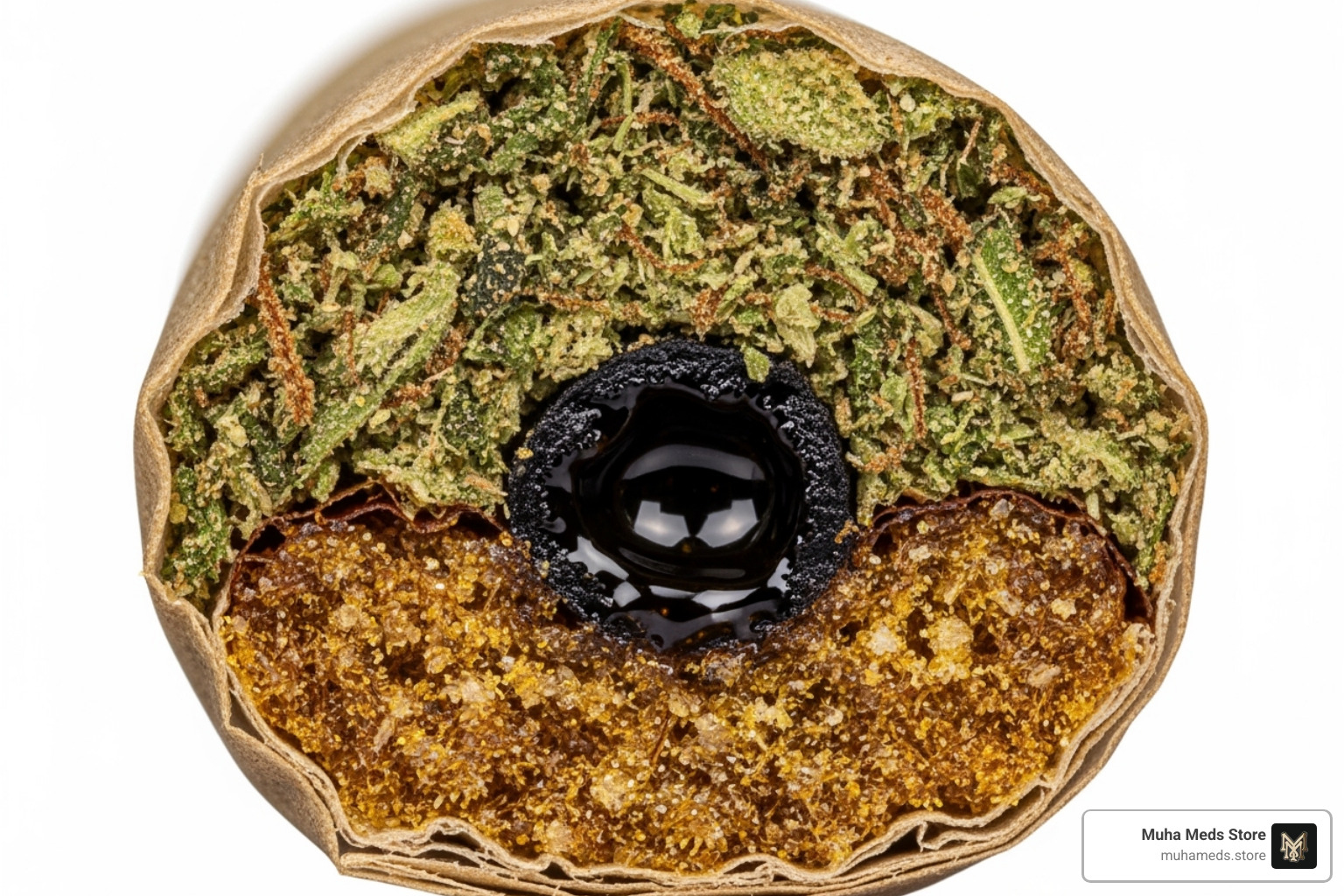 Cross-section of a Packwood pre-roll showing its layers of flower, concentrate, kief, and wrap - buy Packwood Pre-Roll – Italian Cherryz online