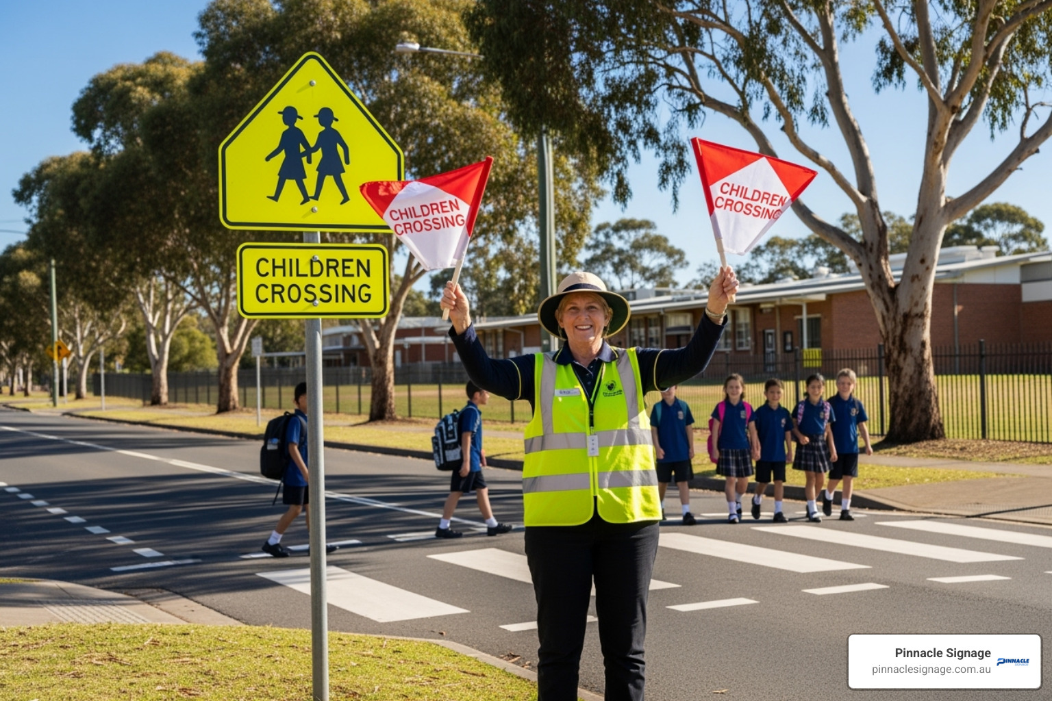 A 'Children Crossing' sign in NSW with flags displayed by a school crossing supervisor - school safety signs NSW