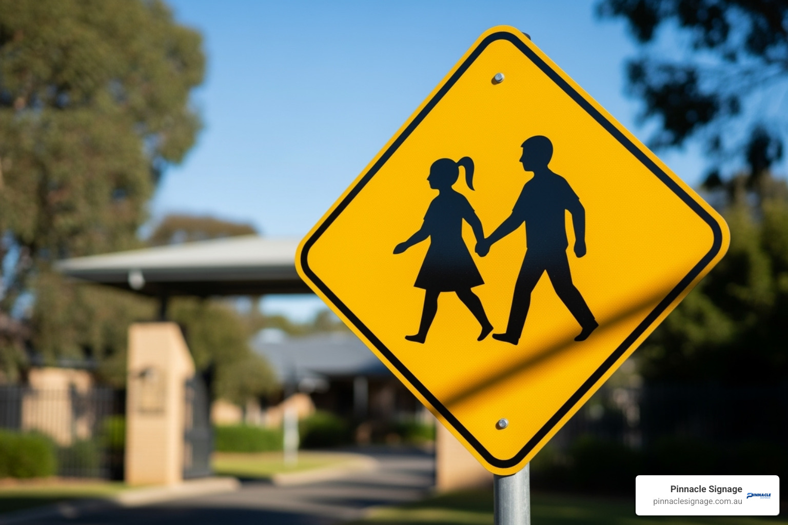 Close-up of a bright yellow Children Crossing Warning sign (Pinnacle Signage) near a school entrance - school safety signs NSW