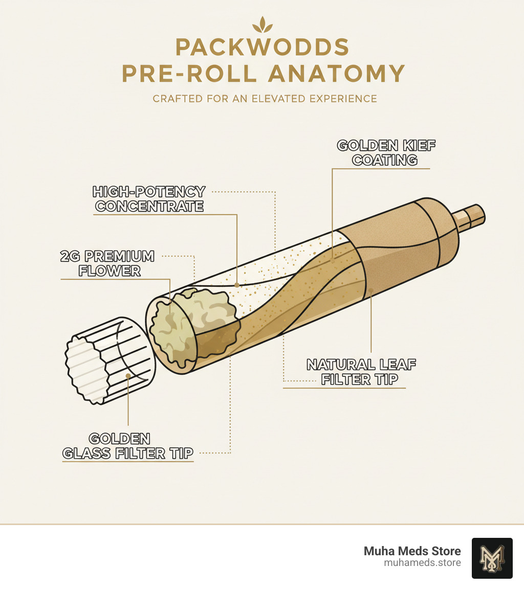 Detailed anatomy of Packwoods pre-roll construction showing 2 grams of premium flower at the core, surrounded by high-potency concentrate layer, dusted with golden kief coating, wrapped in tobacco-free natural leaf, and finished with an engineered glass filter tip - Buy Packwood Pre-Roll – LA Kush Cake online infographic 