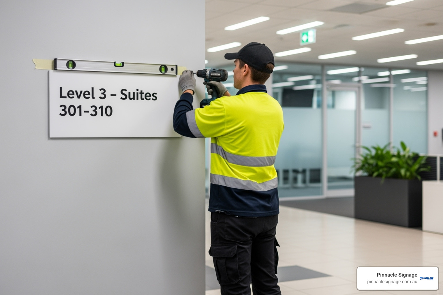 Worker in hi-vis vest installing a Level 3 - Suites 301-310 directional sign in a commercial office - access signs