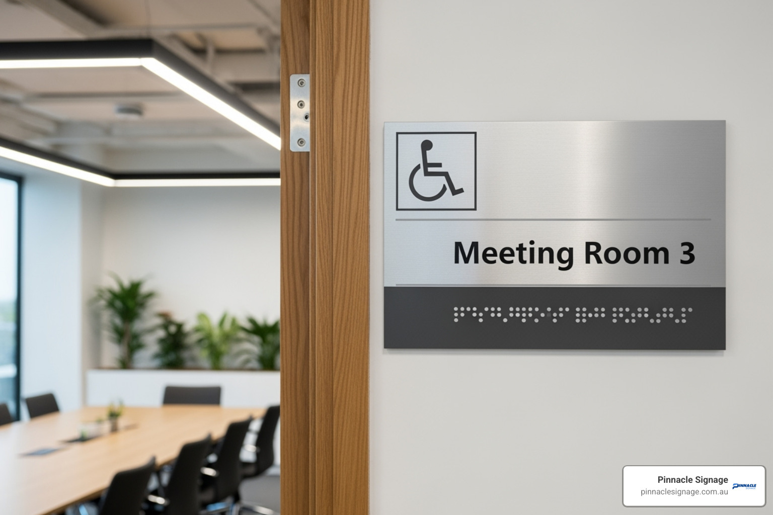 Modern braille and tactile sign next to a doorway in an Australian office building, with clear, raised text and braille, and a universal access symbol. - access signs