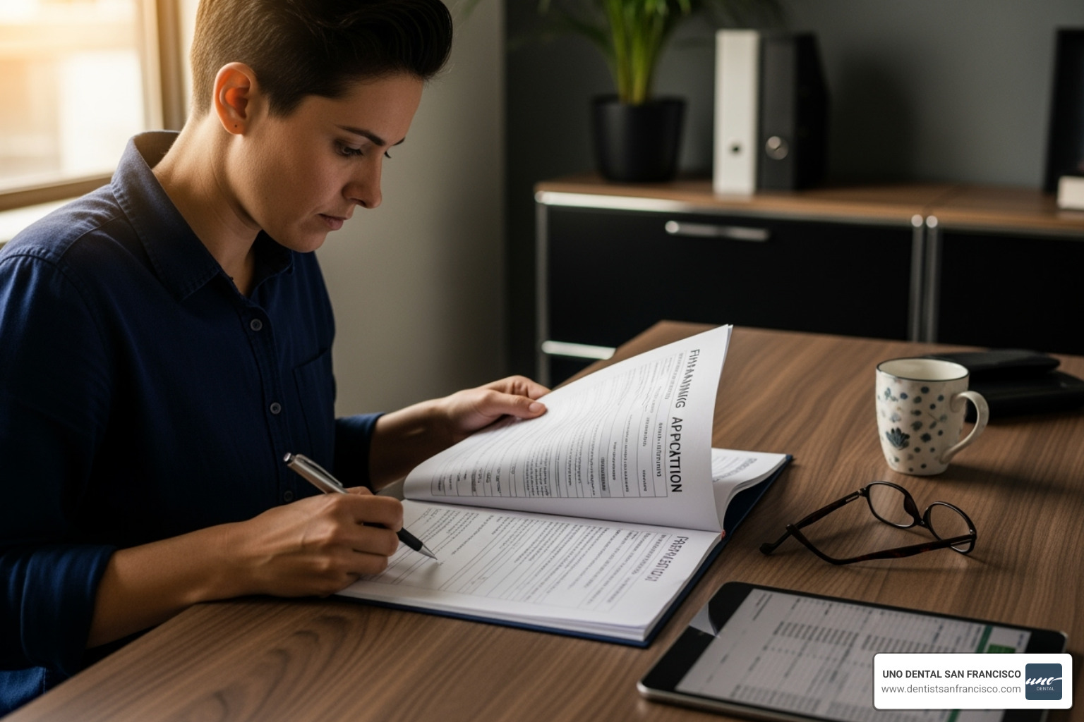 Person reviewing financing application form - Full arch implant cost