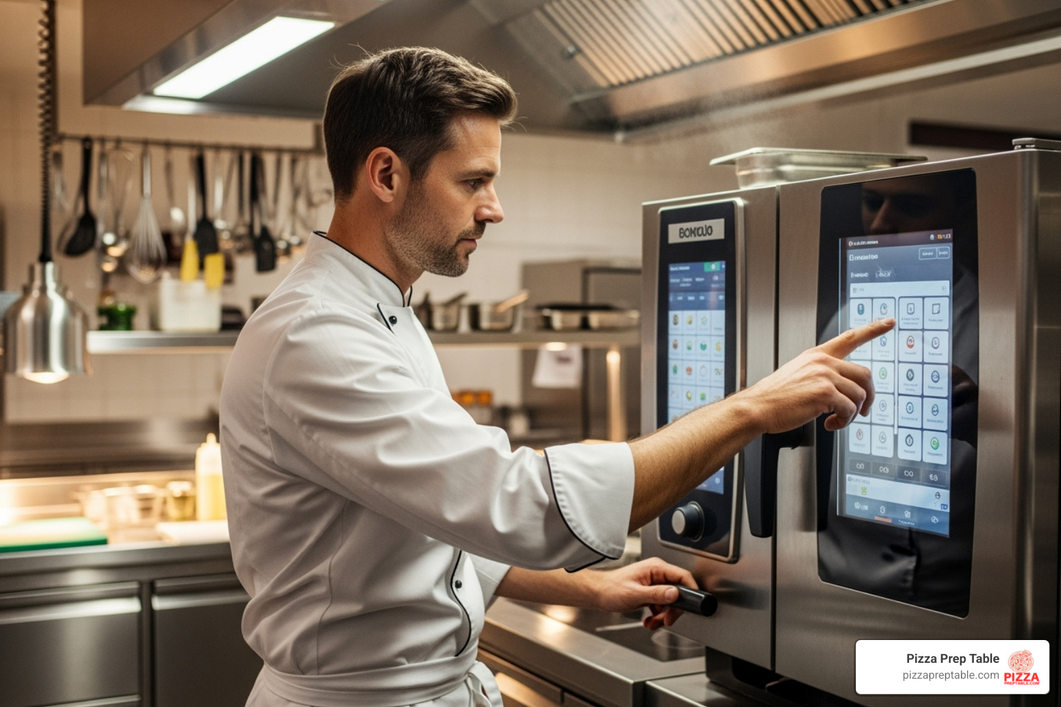 a chef using a modern, stainless steel combi oven with a touchscreen - Commercial kitchen equipment Los Angeles