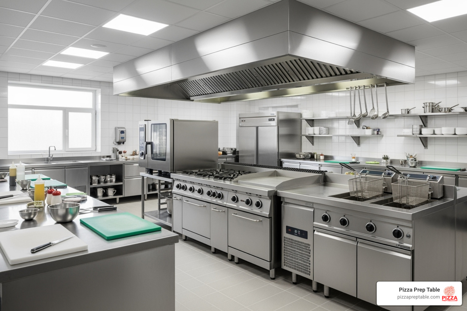 various types of commercial kitchen equipment neatly arranged in a kitchen - Commercial kitchen equipment Los Angeles