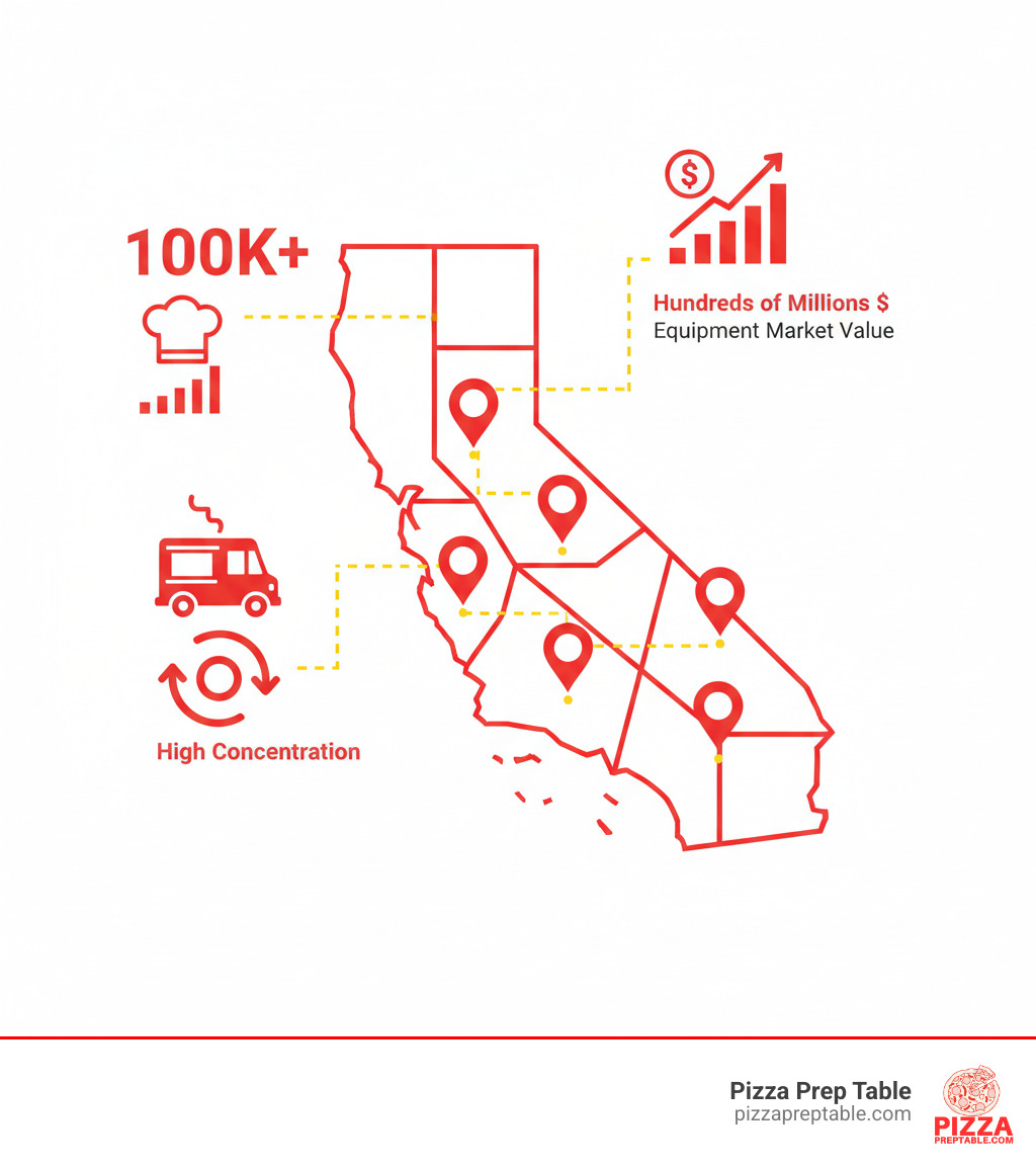 Infographic showing Los Angeles foodservice market statistics including 100,000+ establishments, food truck concentration, equipment market value in hundreds of millions, and key supplier locations across Greater LA area - Commercial kitchen equipment Los Angeles infographic 