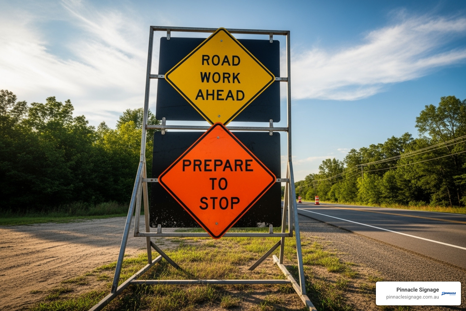 multi-message sign frame with common signs like 'Roadwork Ahead' and 'Prepare to Stop' - road construction signage multi-message sign frame with common signs like 'Roadwork Ahead' and 'Prepare to Stop' - road construction signage