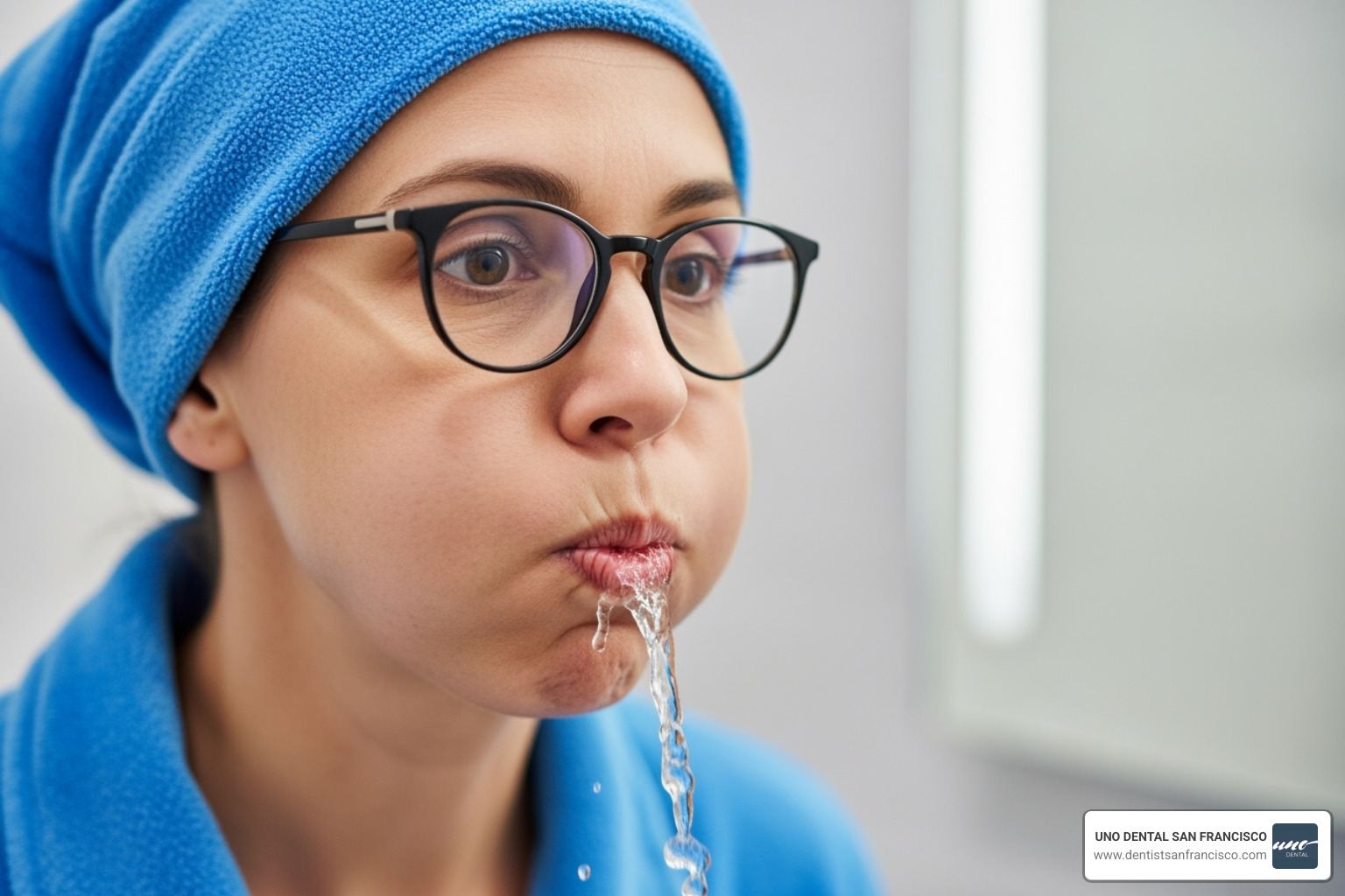 someone swishing water in their mouth - brushing teeth after drinking coffee