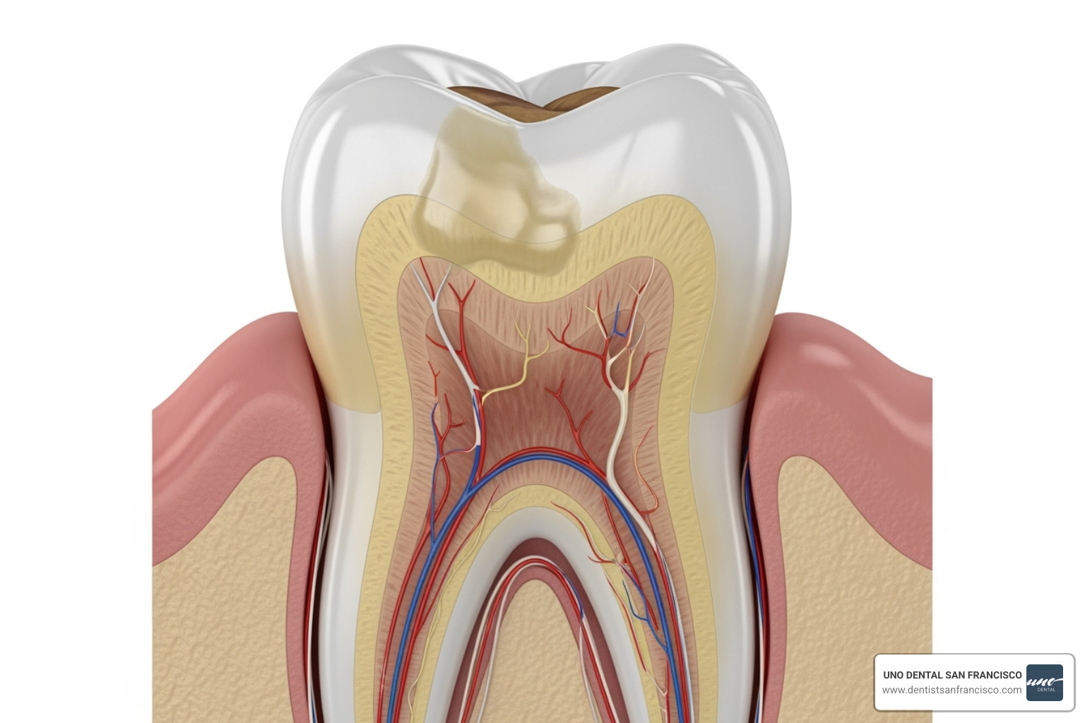 illustrating the layers of a tooth, showing enamel erosion - brushing teeth after drinking coffee