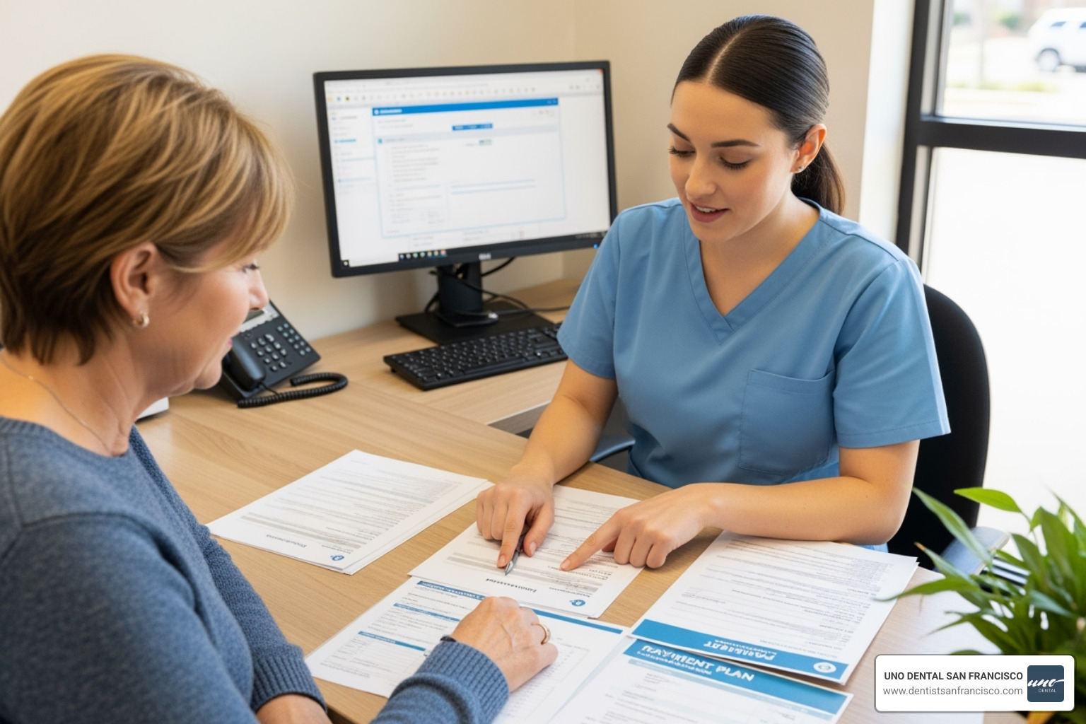 Person reviewing financing paperwork at a dental office - cost of full mouth dental implants san francisco