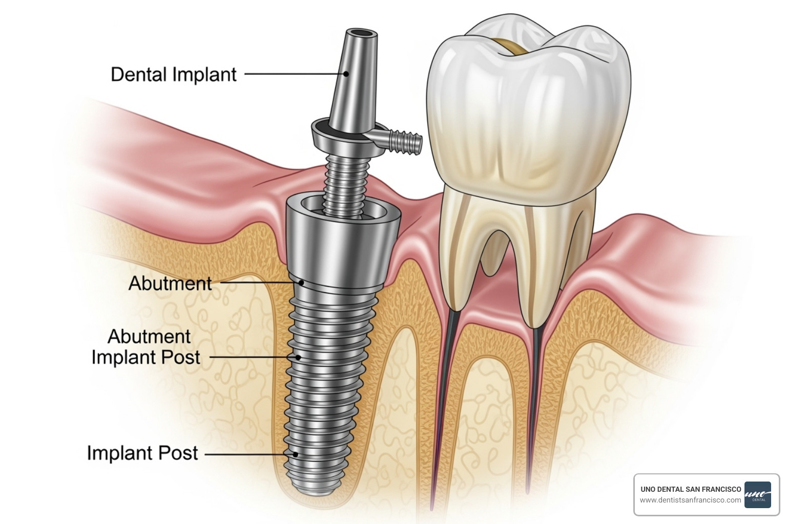 Illustration showing various components of a dental implant: implant post, abutment, and crown - cost of full mouth dental implants san francisco