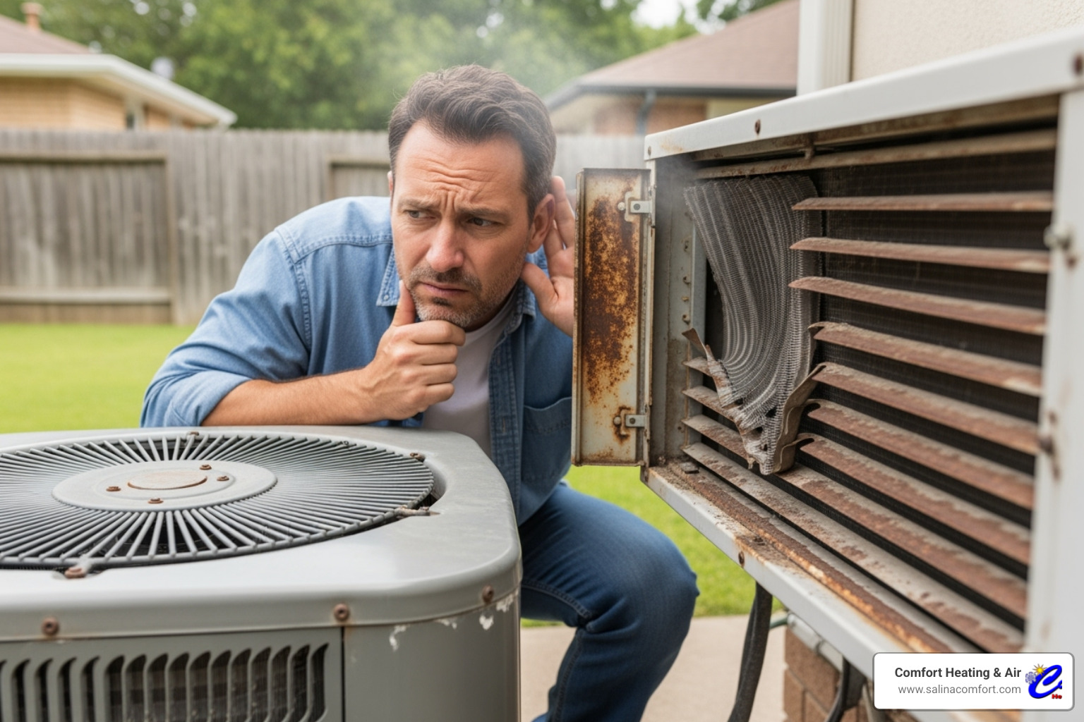 person listening to a noisy outdoor AC unit - air conditioning maintenance mcpherson ks