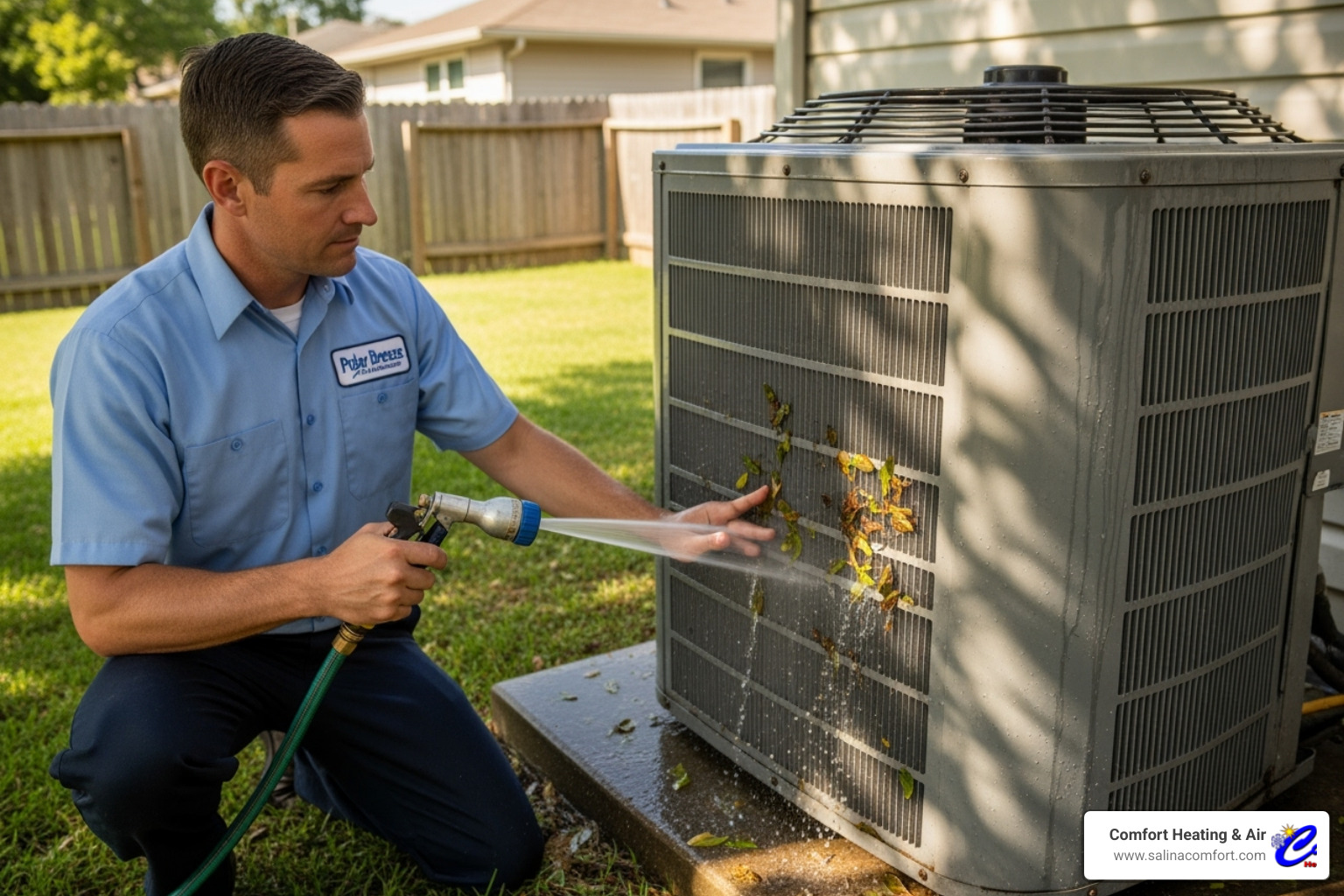 professional technician cleaning an AC condenser coil - air conditioning maintenance mcpherson ks