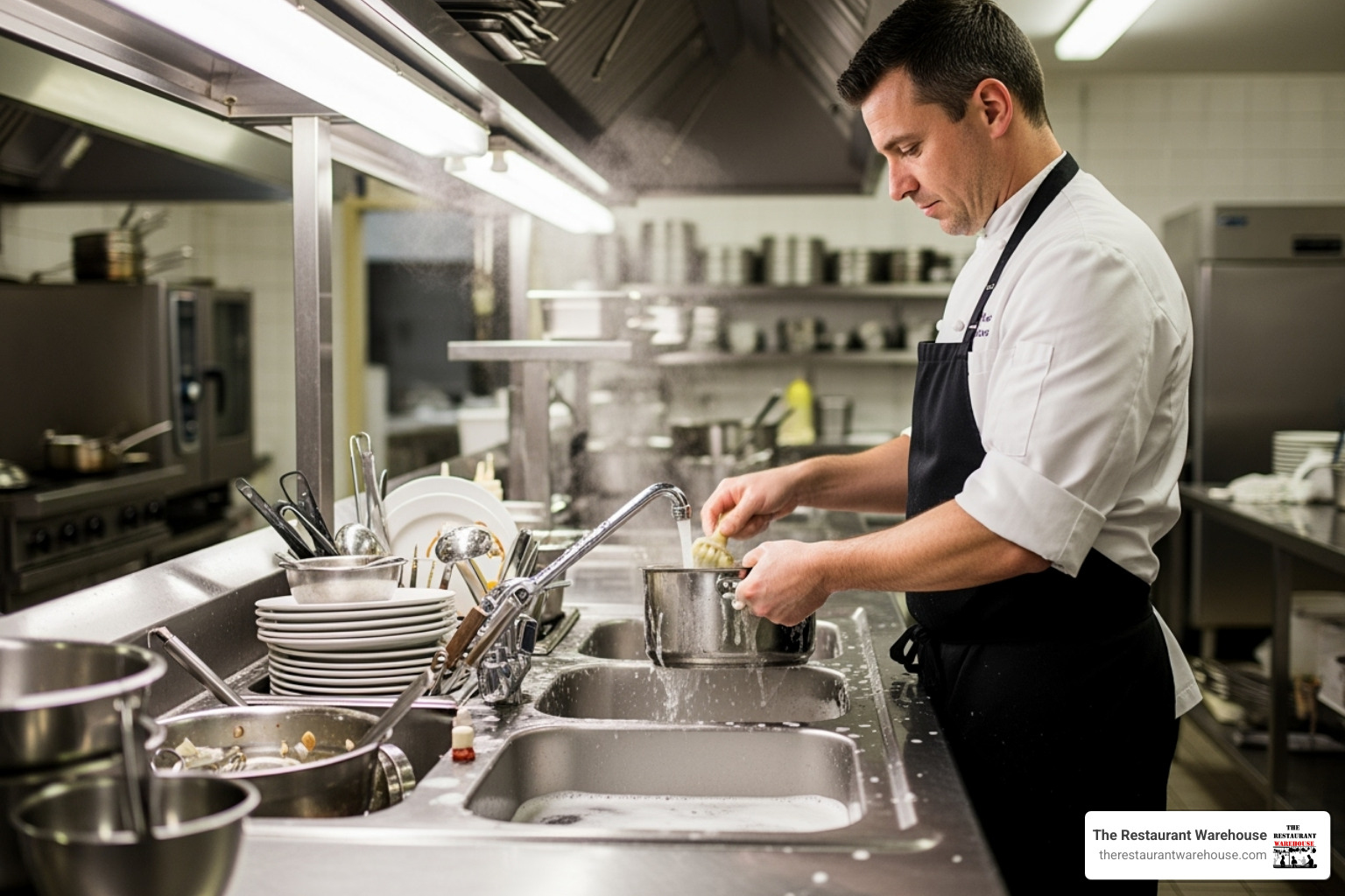 chef using three-compartment sink - commercial sink suppliers
