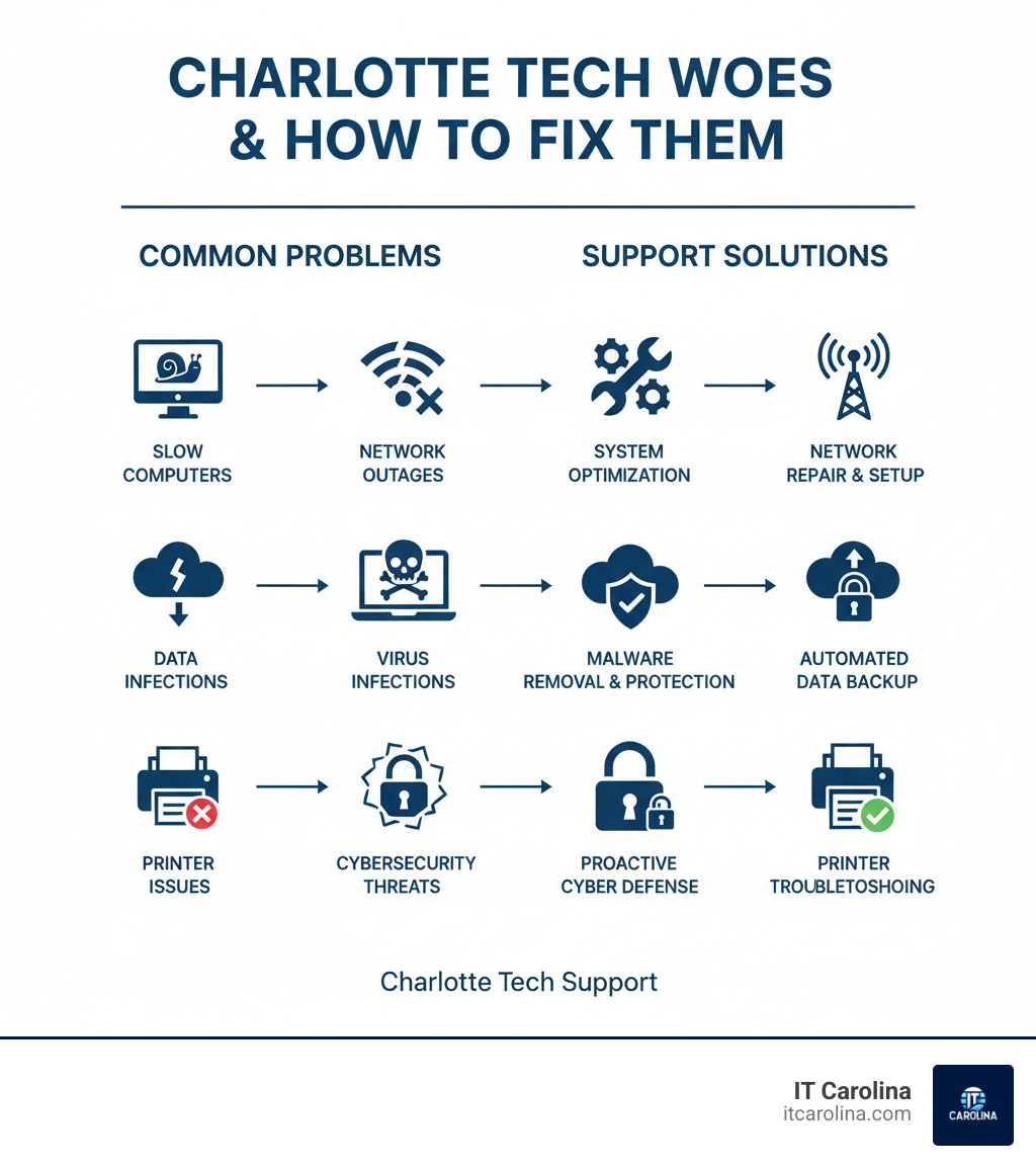 Infographic showing common tech problems faced by Charlotte businesses and home users, including slow computers, network outages, virus infections, data backup failures, cybersecurity threats, and printer issues, with corresponding support solutions - Charlotte tech support infographic 
