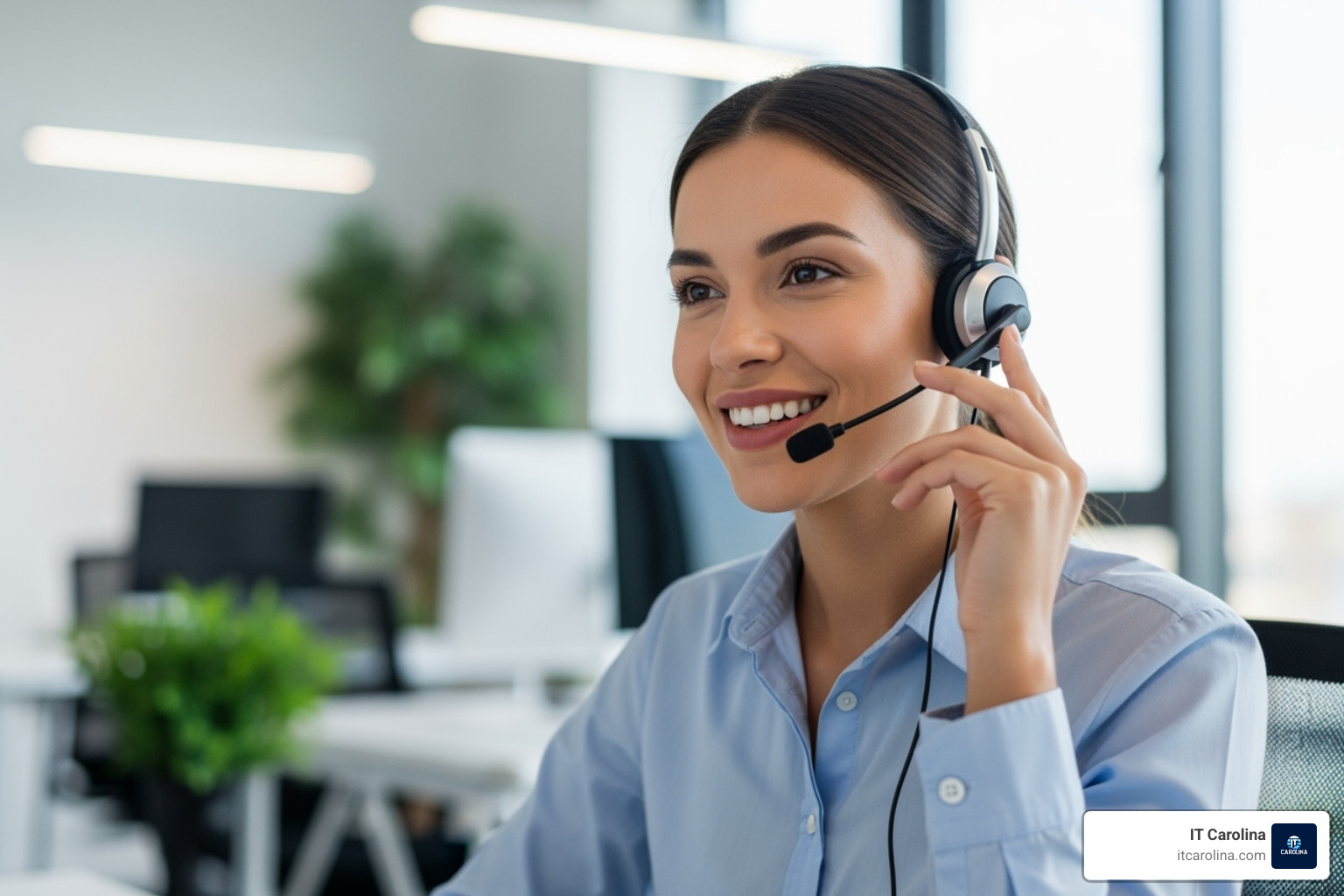 person smiling while on a support call, indicating good customer service - Charlotte tech support