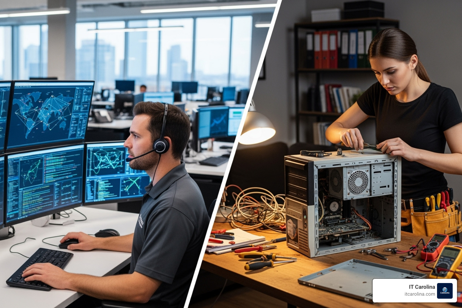 split screen showing a proactive technician monitoring a network vs. a reactive repair scenario - Charlotte tech support