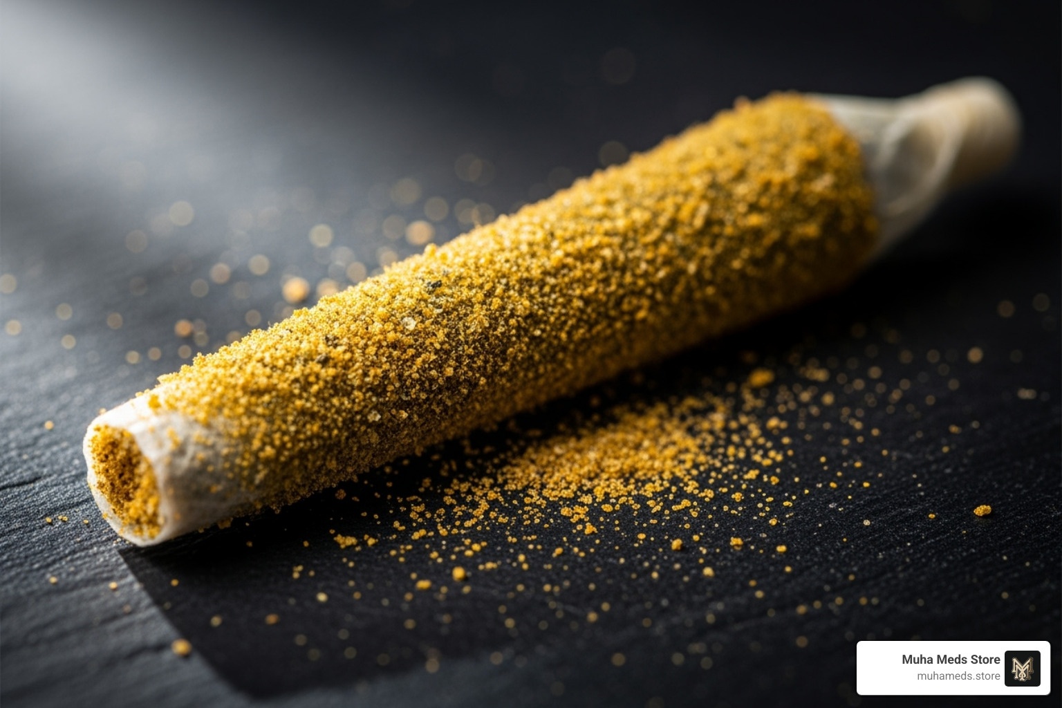 Close-up of a kief-dusted Packwoods pre-roll - Buy Packwood Pre-Roll 3 Mac And Mintz online