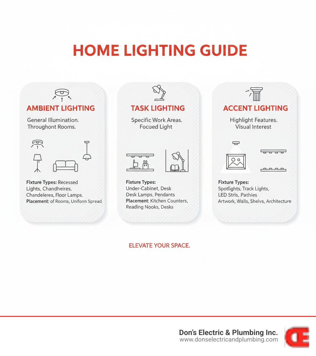 Comprehensive lighting installation guide showing three layers of home lighting: ambient lighting for general illumination throughout rooms, task lighting for specific work areas like kitchen counters and reading nooks, and accent lighting for highlighting architectural features and creating visual interest, with examples of fixture types and placement recommendations for each category - lighting installation cobleskill ny infographic Comprehensive lighting installation guide showing three layers of home lighting: ambient lighting for general illumination throughout rooms, task lighting for specific work areas like kitchen counters and reading nooks, and accent lighting for highlighting architectural features and creating visual interest, with examples of fixture types and placement recommendations for each category - lighting installation cobleskill ny infographic