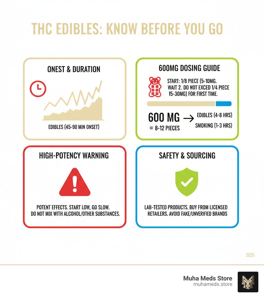 Infographic showing THC edible onset times, duration comparison with smoking, dosing guidelines for 600mg products, and safety warnings for high-potency gummies - Buy Frooties Sour Cherry – 600mg THC Online infographic 