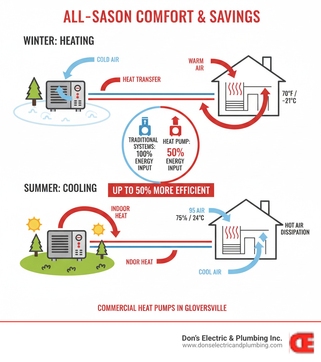 Infographic showing heat pump operation with outdoor unit extracting heat from cold air in winter and transferring it indoors through refrigerant lines, then reversing the process in summer to provide cooling, with temperature readings and energy efficiency comparisons - commercial heat pump gloversville infographic  Infographic showing heat pump operation with outdoor unit extracting heat from cold air in winter and transferring it indoors through refrigerant lines, then reversing the process in summer to provide cooling, with temperature readings and energy efficiency comparisons - commercial heat pump gloversville infographic