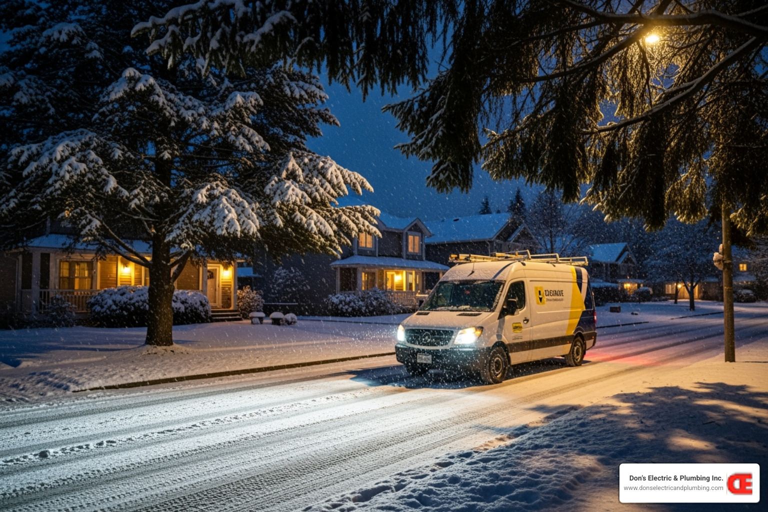 Image of a service van driving through a snowy neighborhood at night. - 24/7 furnace repair minden