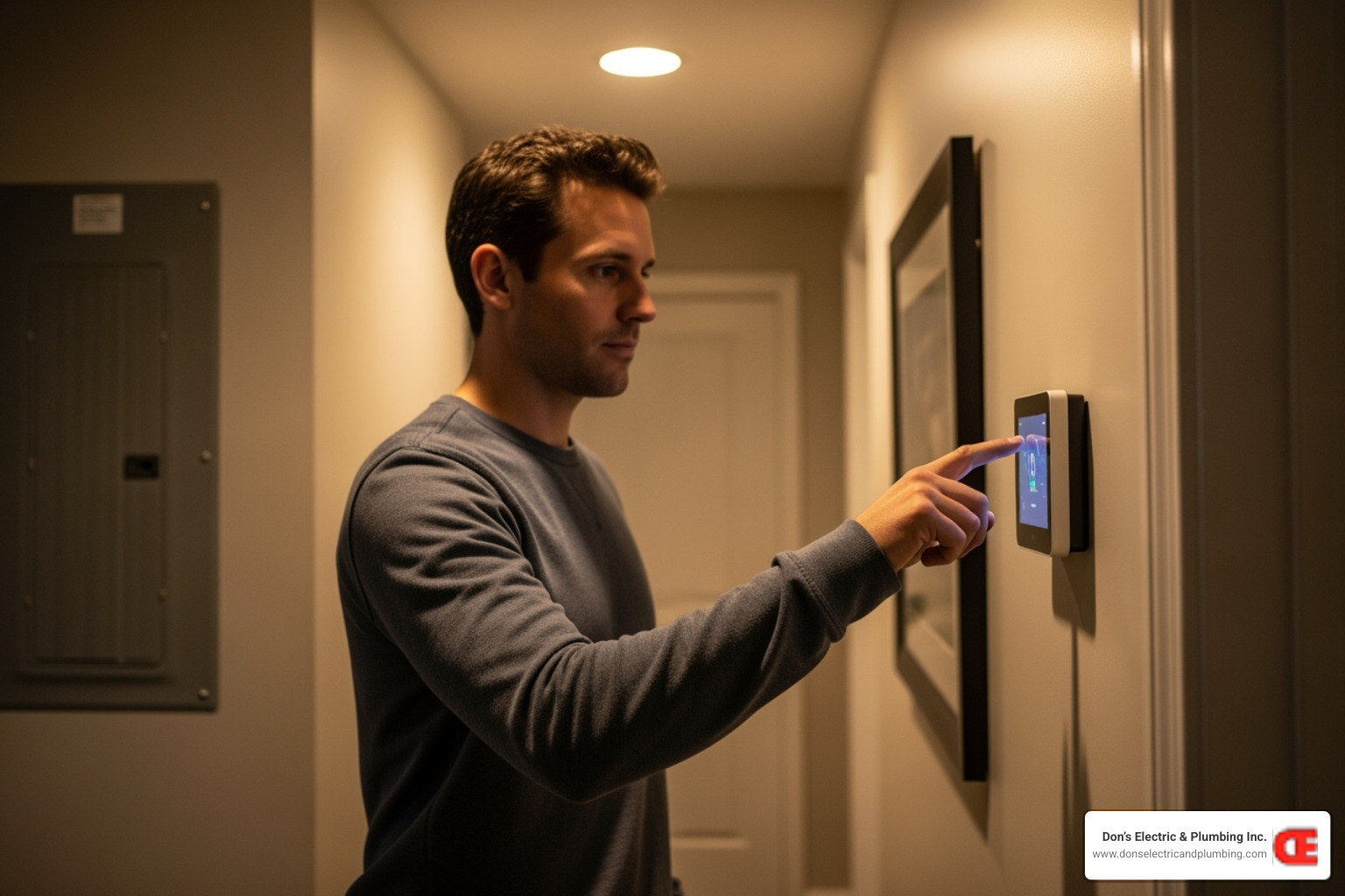 Image of a homeowner checking a thermostat and a circuit breaker panel. - 24/7 furnace repair minden