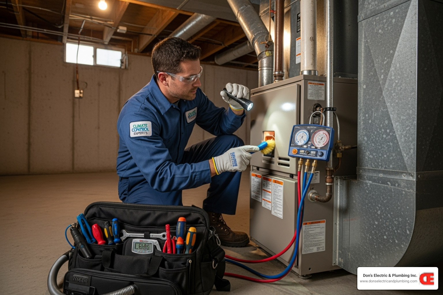 Image of a technician cleaning and inspecting a furnace. - 24/7 furnace repair minden