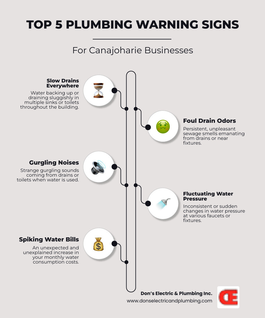 Infographic showing the top 5 warning signs businesses need immediate plumbing attention: slow drains throughout the building, foul sewage odors from drains, gurgling sounds from multiple fixtures, fluctuating water pressure, and unexplained increases in water bills - commercial plumbing repair canajoharie infographic infographic-line-5-steps-neat_beige Infographic showing the top 5 warning signs businesses need immediate plumbing attention: slow drains throughout the building, foul sewage odors from drains, gurgling sounds from multiple fixtures, fluctuating water pressure, and unexplained increases in water bills - commercial plumbing repair canajoharie infographic infographic-line-5-steps-neat_beige