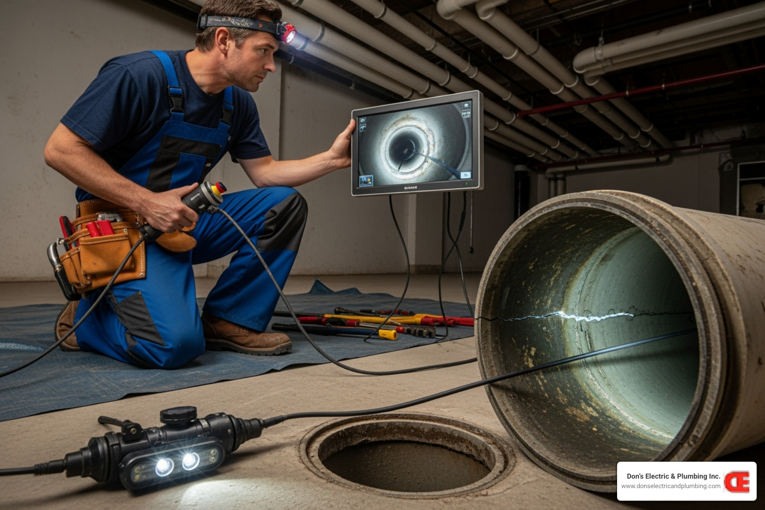 A plumber uses a camera to inspect a commercial drainpipe, showing the intricate process of diagnosing plumbing issues in a business setting - commercial plumbing repair canajoharie A plumber uses a camera to inspect a commercial drainpipe, showing the intricate process of diagnosing plumbing issues in a business setting - commercial plumbing repair canajoharie