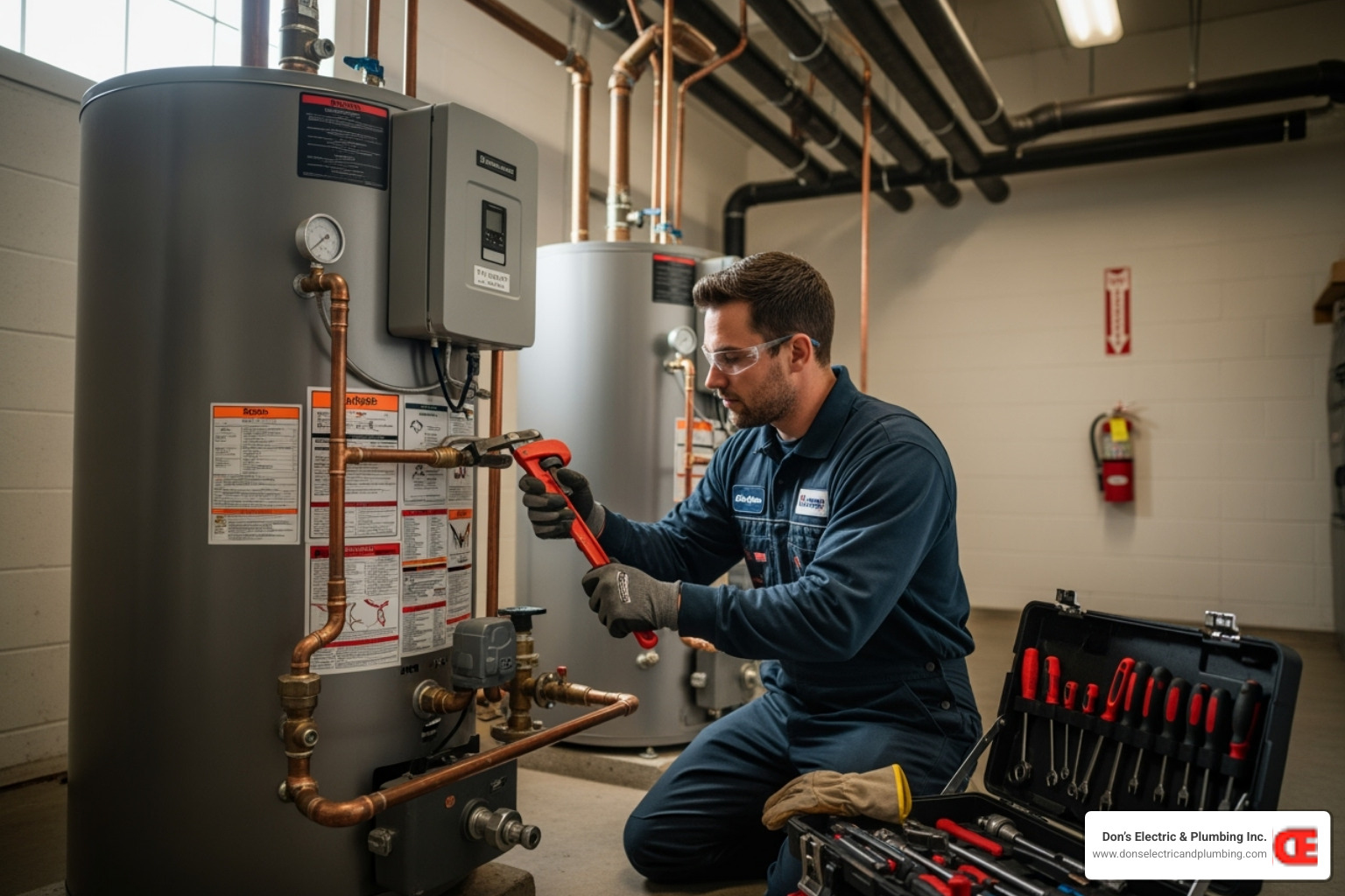 A professional plumber expertly works on a commercial water heater, demonstrating precision and safety in a business environment - commercial plumbing repair canajoharie A professional plumber expertly works on a commercial water heater, demonstrating precision and safety in a business environment - commercial plumbing repair canajoharie